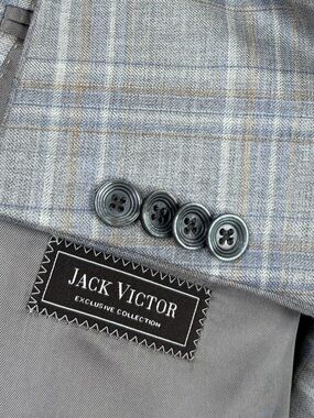 Jack Victor Sport Coat Mens 48R Gray Tan Blue Windowpane Wool Made in Canada